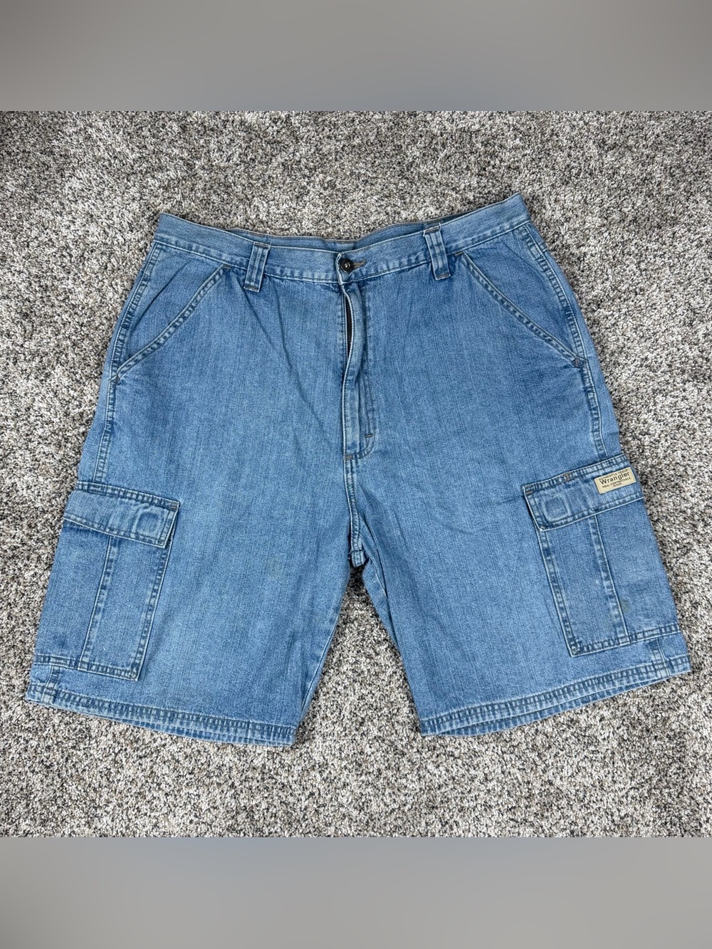 Sz 36 Men’s Wrangler Relaxed Fit Cargo Denim Jean Shorts Jorts Blue Flap Pockets
